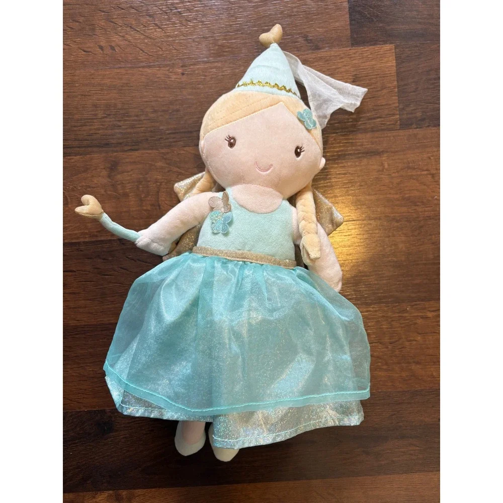 Douglas Cuddle Toy Fairy Doll Aqua Blue Tulle Dress Sparkly Wings Plush 15 inch